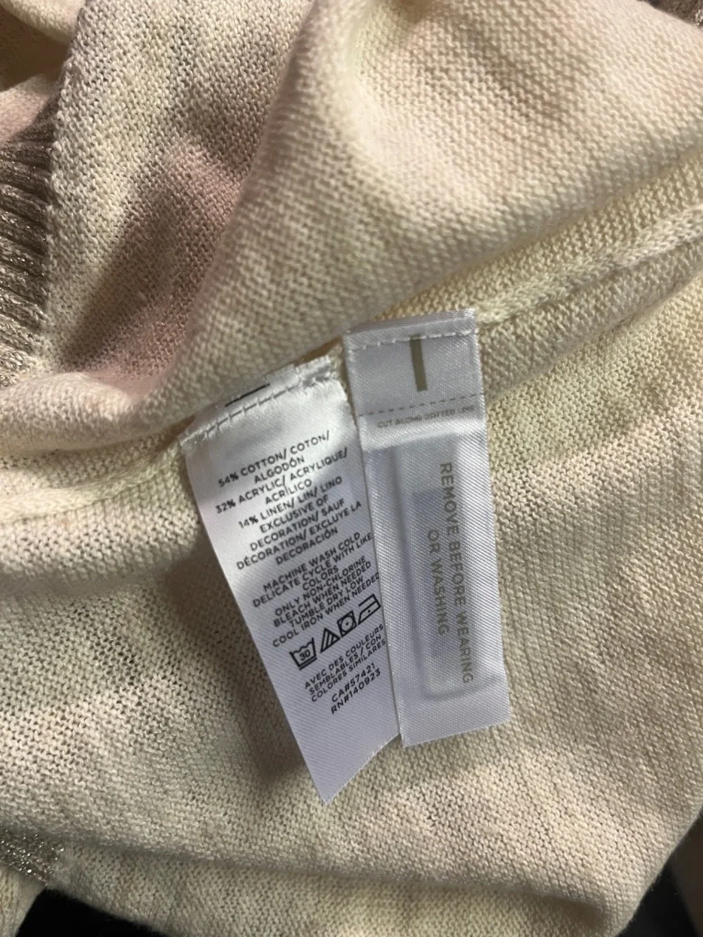 NWT LOFT Cream Gold Shimmer Trim 3/4 Sleeve Linen Blend Sweater